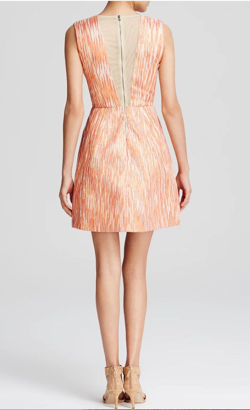 Alice + Olivia Pacey Coral Sunset Lantern Sleeveless A-line V Neck Dress 2 - Picture 2 of 8